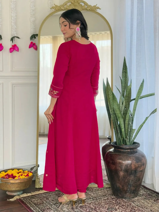 Women's Beautiful Embroidery Work Vichitra Silk Fabric Straight Kurta Pant and Dupatta Set