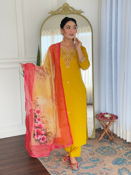 Women's Beautiful Rayon Embroidery work Straight Kurta with Pant and Dupatta Set