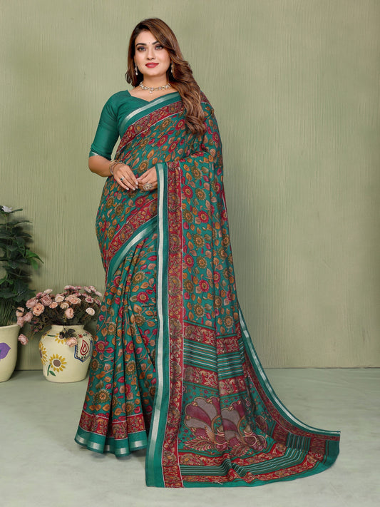 Rama Printed Mal Cotton Saree With Blouse
