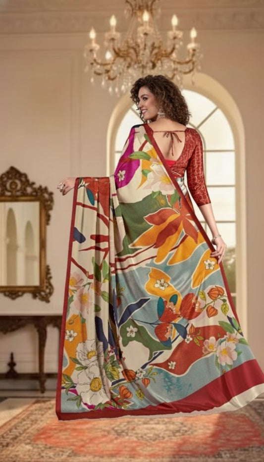 Cream Color Deisgner Printed Crepe Silk Saree for Ceremonial Presence