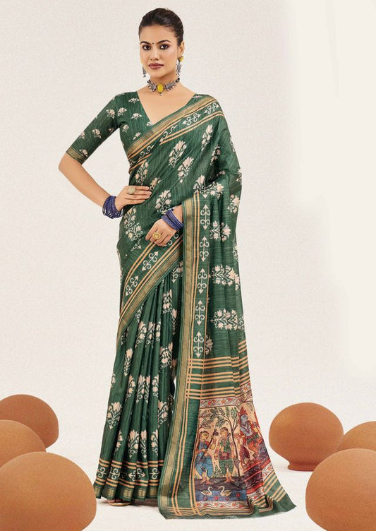 Green Color Cotton Silk Fabric Designer Digital Printed Saree