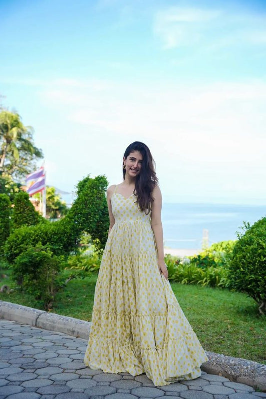 Party wear readymade muslin gown collection digital printed work Cream