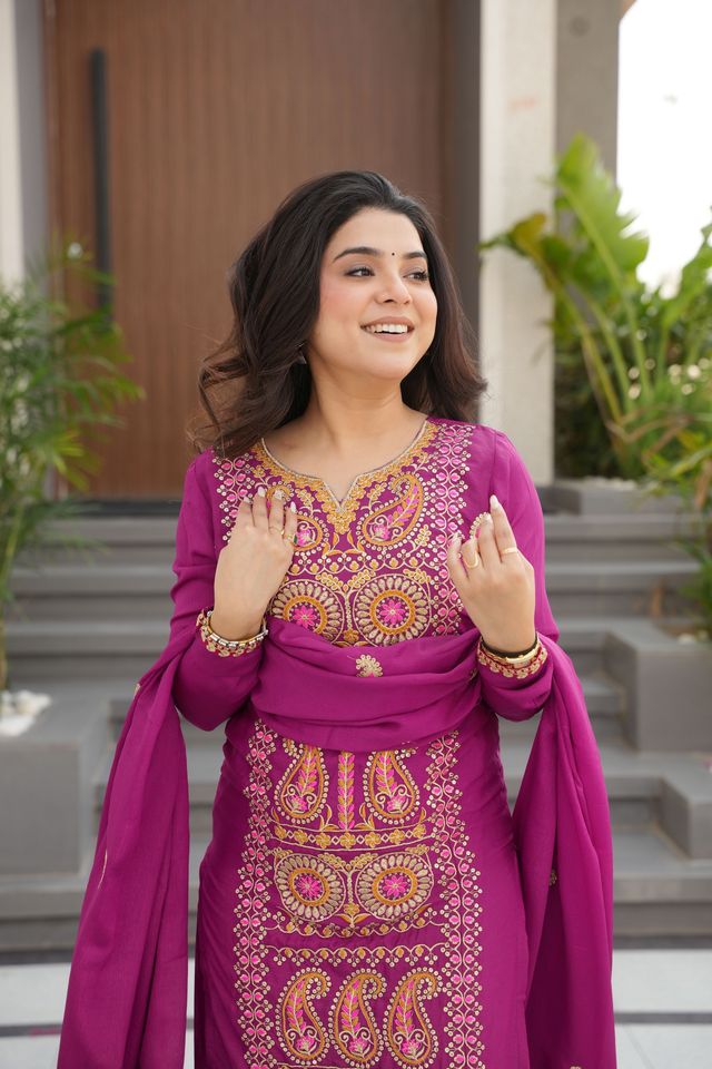 Magenta Color Chinon Fabric Designer Embroidery Work Suit for Trendy Girlie Looks