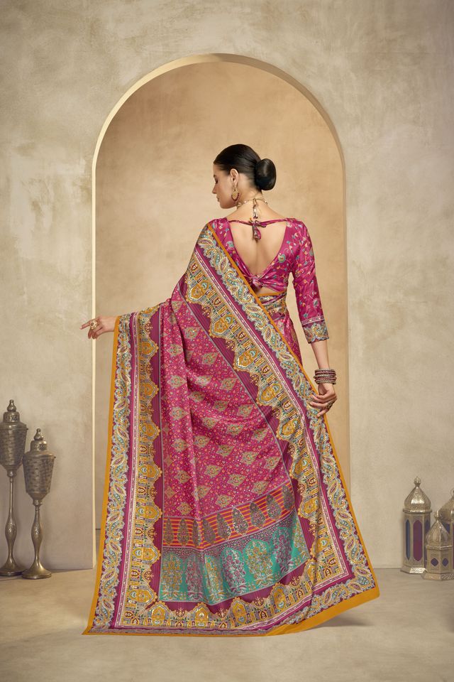 Graceful Ethnic Maroon Color Bollywood Style Crepe Silk Designer Digital Foil Printed Saree