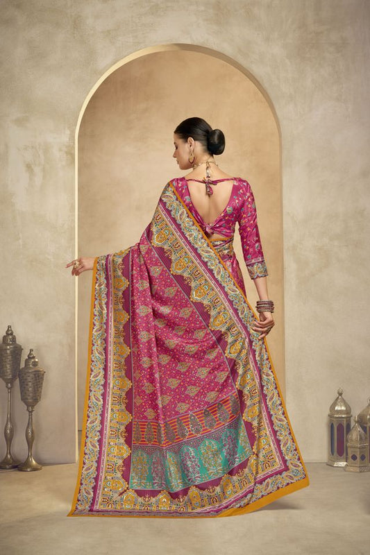 Graceful Ethnic Maroon Color Bollywood Style Crepe Silk Designer Digital Foil Printed Saree
