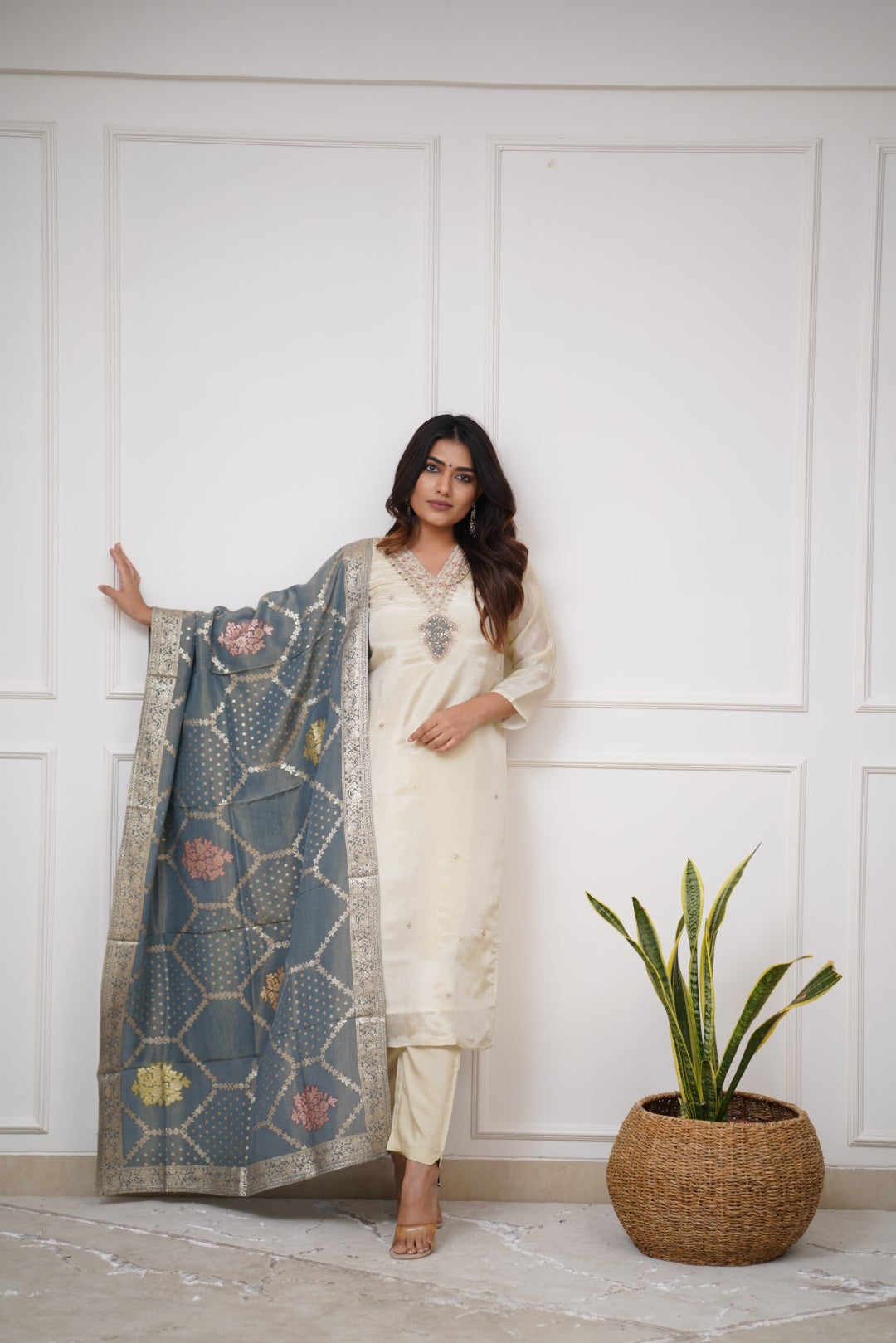 Beautiful Embroidery Viscose Chanderi Fabric Straight Kurta Pant with Dupatta Set