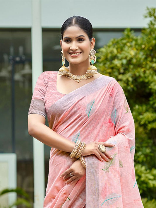 Peach Color Beautiful Rich Looks Designer Linen Fabric Ceremonial Saree