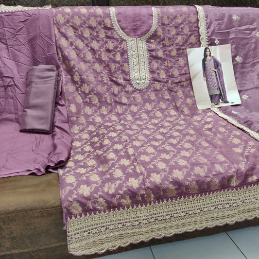 Purple Viscose Muslin Semi Stitched Suit with Sequence & Zari Work
