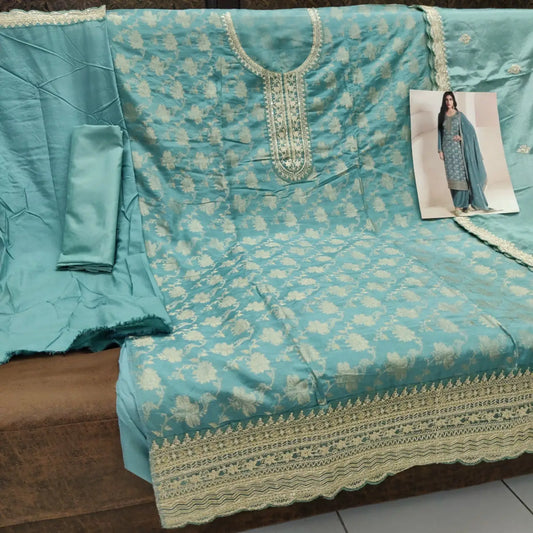 Sky Blue Viscose Muslin Semi Stitched Suit with Sequence & Zari Work