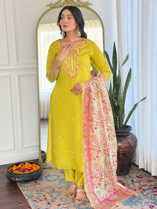Women's Gorgeous Rayon Embroidery work Straight Kurta with Pant and Dupatta Set