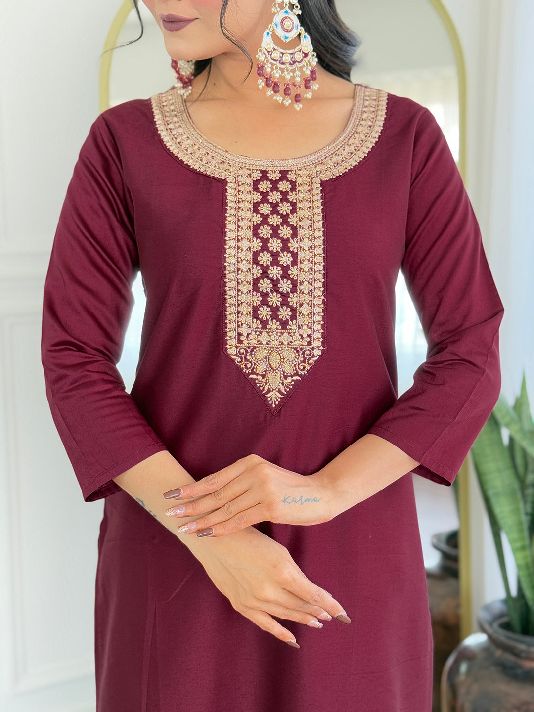 Women's Gorgeous Rayon Embroidery Straight Kurta with Pant And Dupatta Set 710