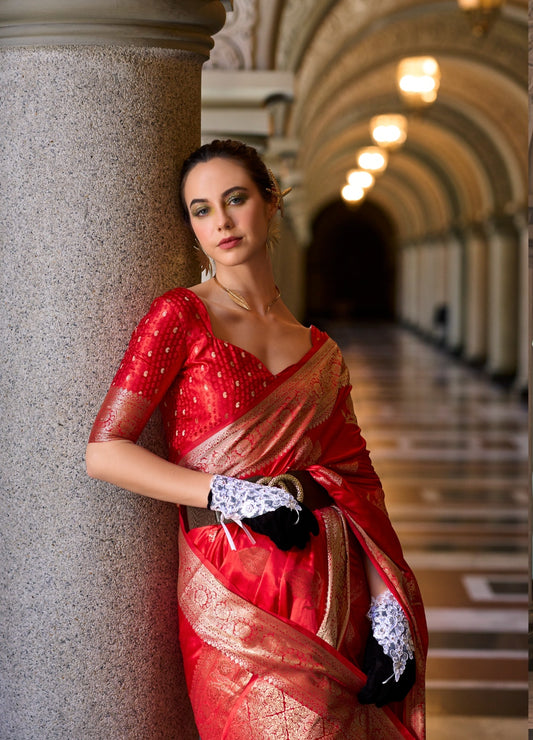 Red Silk Tissue Zari Weaving work Saree with Blouse Piece