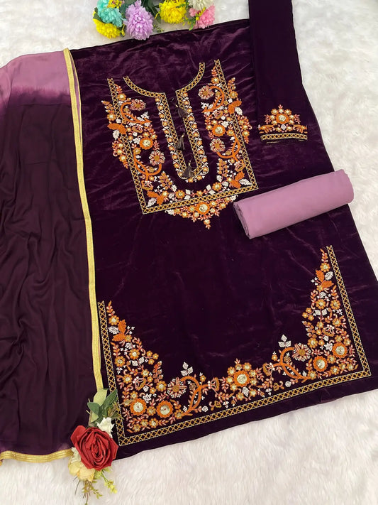Lavener-puple embroidery sequence & thread work velvet semi stitched salwar suit