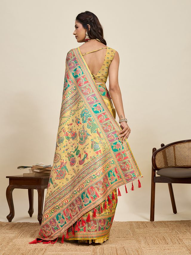 Yellow Color Beautiful Silk Blended Meenakari Designer Ethnic Partywear Saree