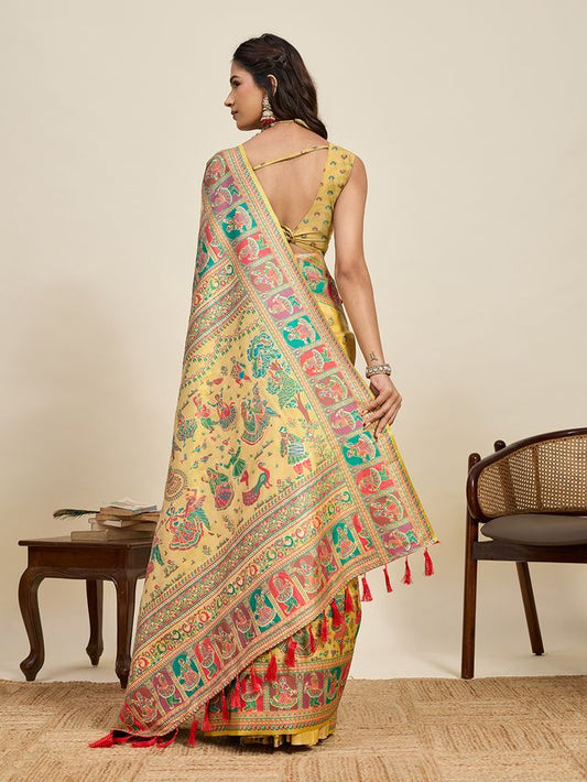 Yellow Color Beautiful Silk Blended Meenakari Designer Ethnic Partywear Saree
