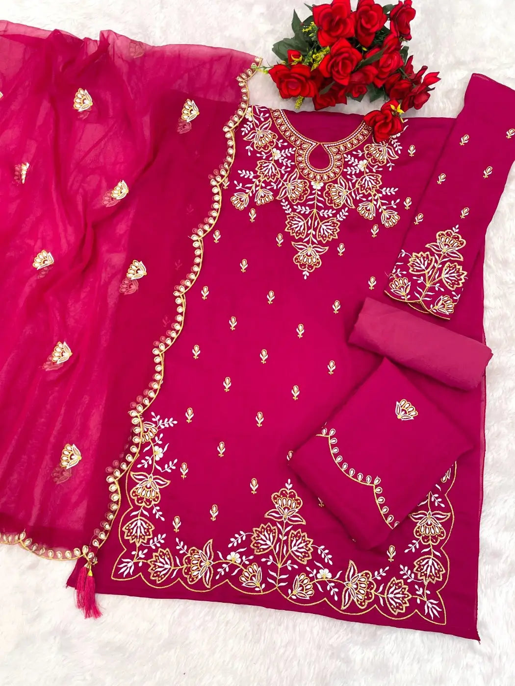 Magenta Vichitra Semi Stitched Suit with Embroidered viscose Thread Jari & Sequence work
