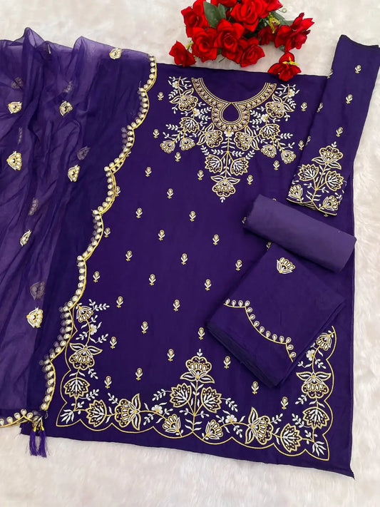Purple Vichitra Semi Stitched Suit with Embroidered viscose Thread Jari & Sequence work