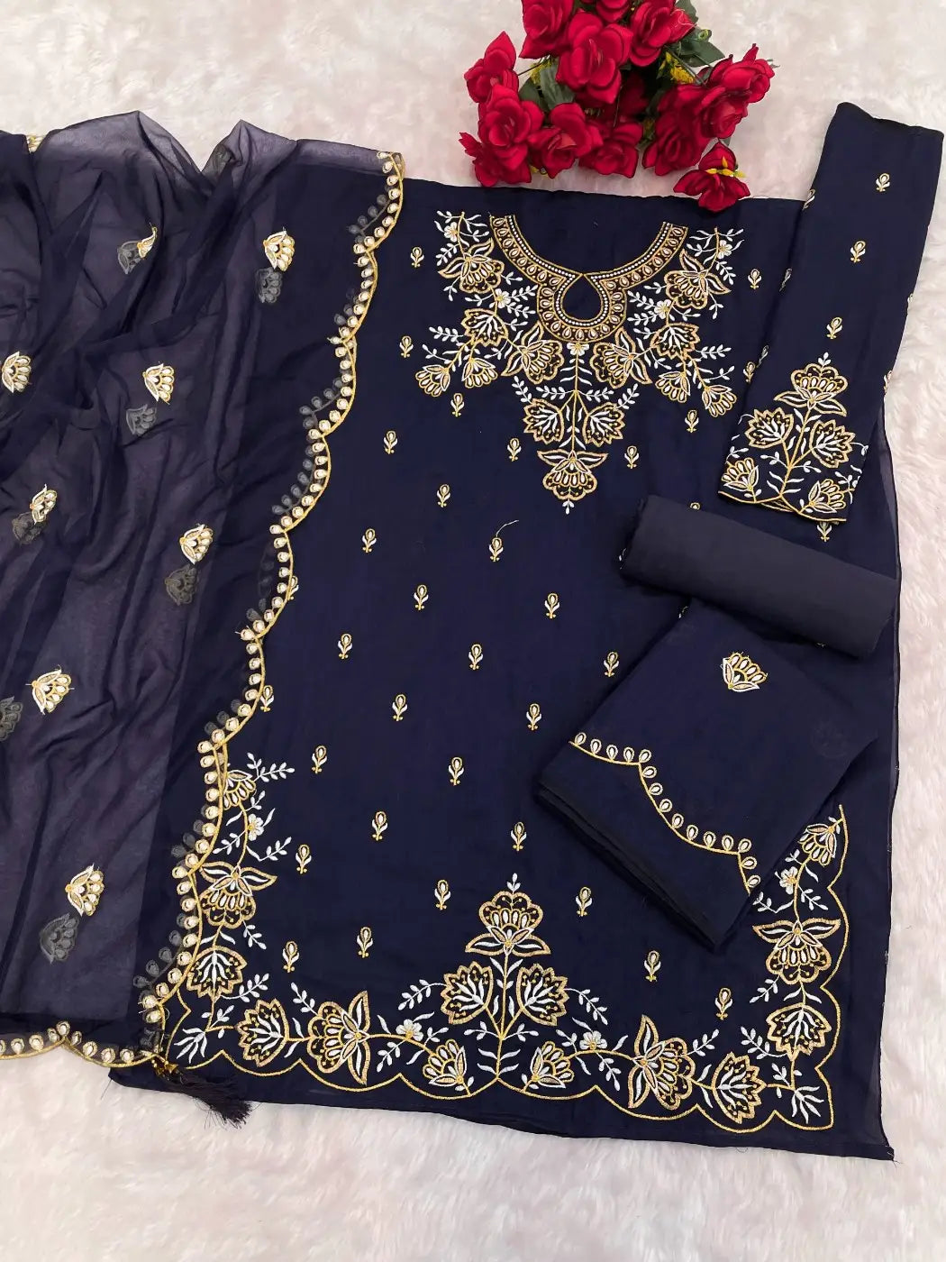 Teal Vichitra Semi Stitched Suit with Embroidered viscose Thread Jari & Sequence work