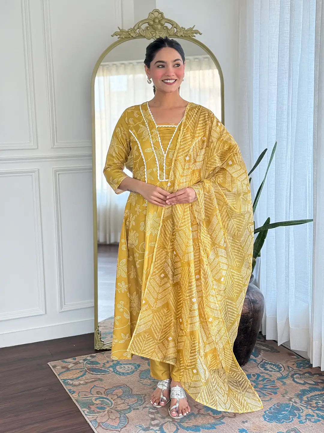 Women's Beautiful Rayon Fabric Printed Work A-Line Kurta Pant and Dupatta Set