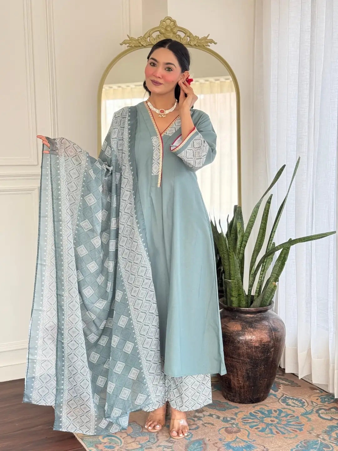Women's Beautiful Rayon Fabric Embroidery Work A-Line Kurta Pant and Dupatta Set