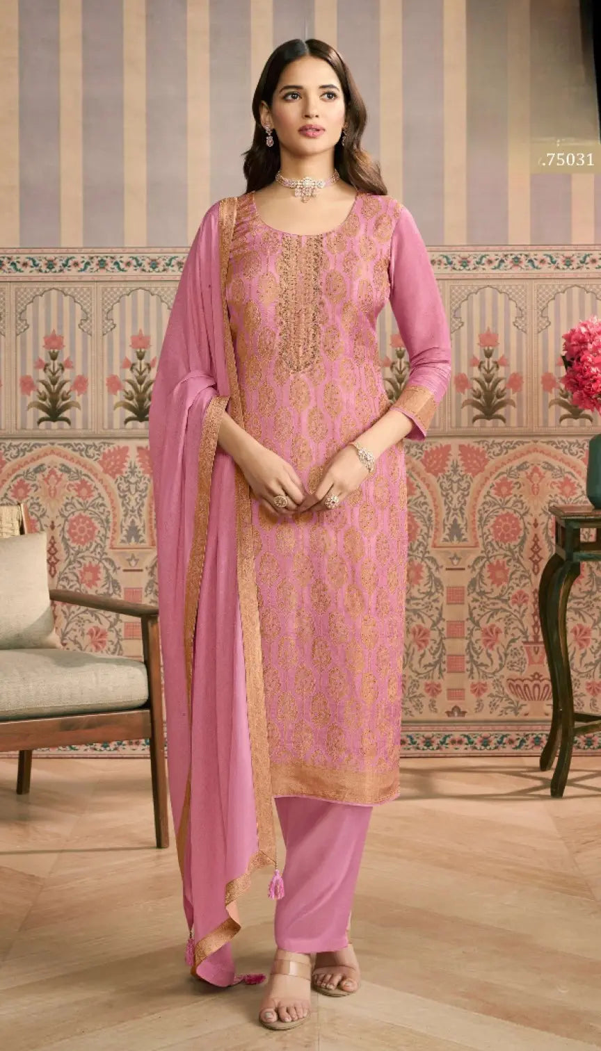 Pink Viscose Lotus Simmer Semi Stitched Suit with Jacquard Work