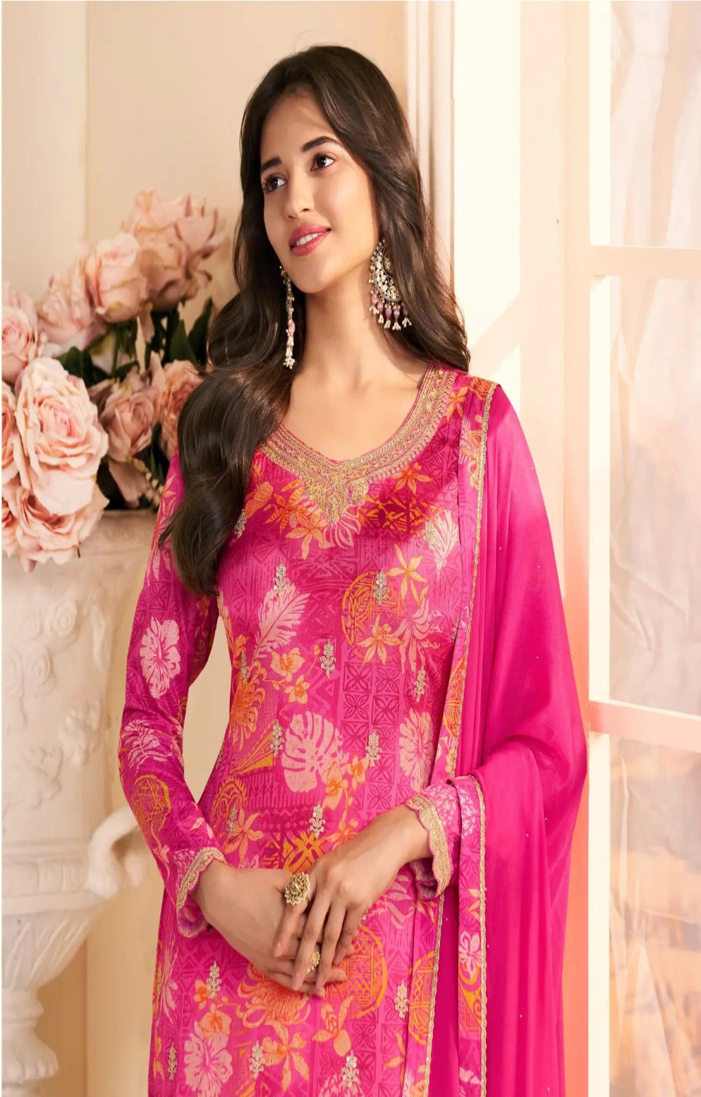 Magenta Chinon Semi Stitched Suit with Multi Digital Printed Work