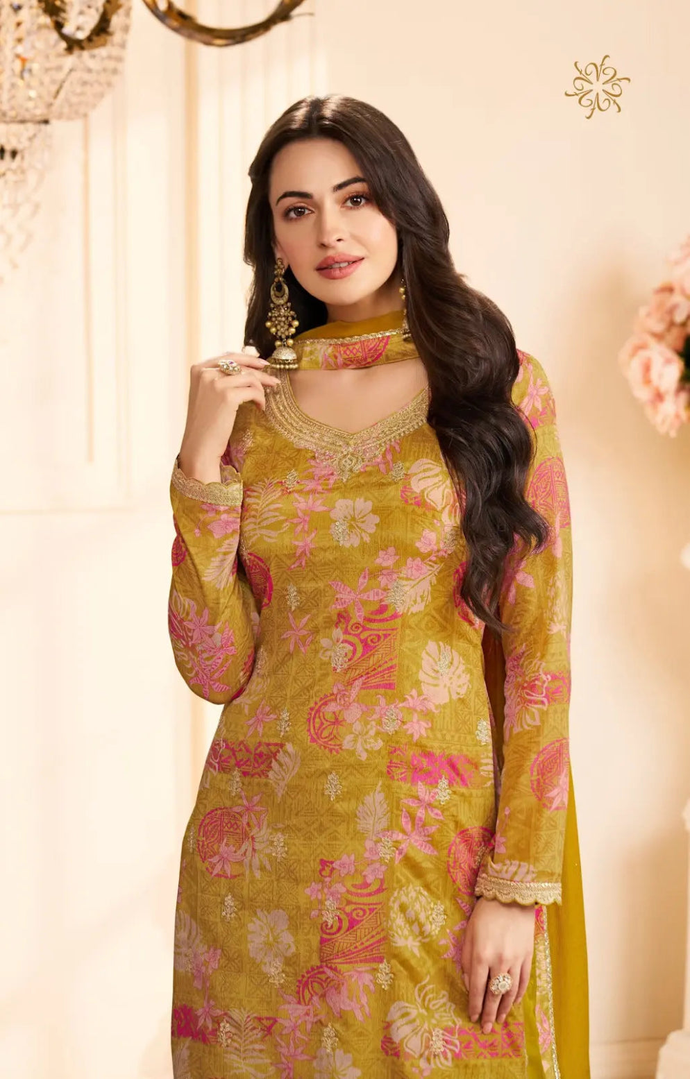 Mustard Chinon Semi Stitched Suit with Multi Digital Printed Work