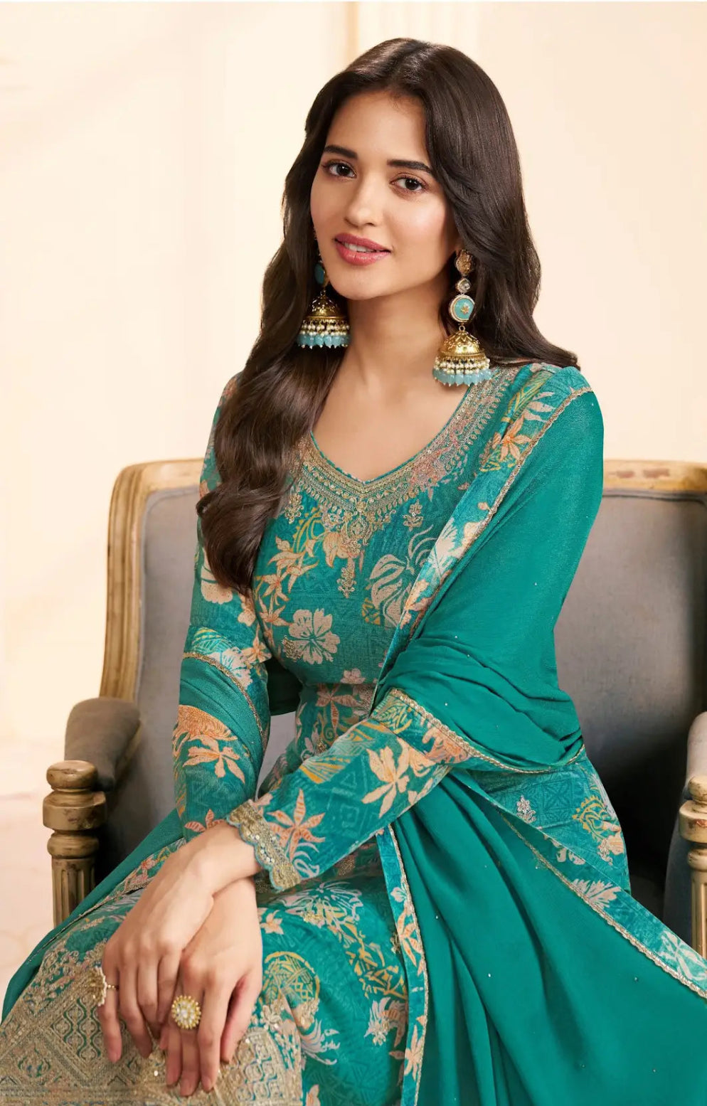 Teal Green Chinon Semi Stitched Suit with Multi Digital Printed Work