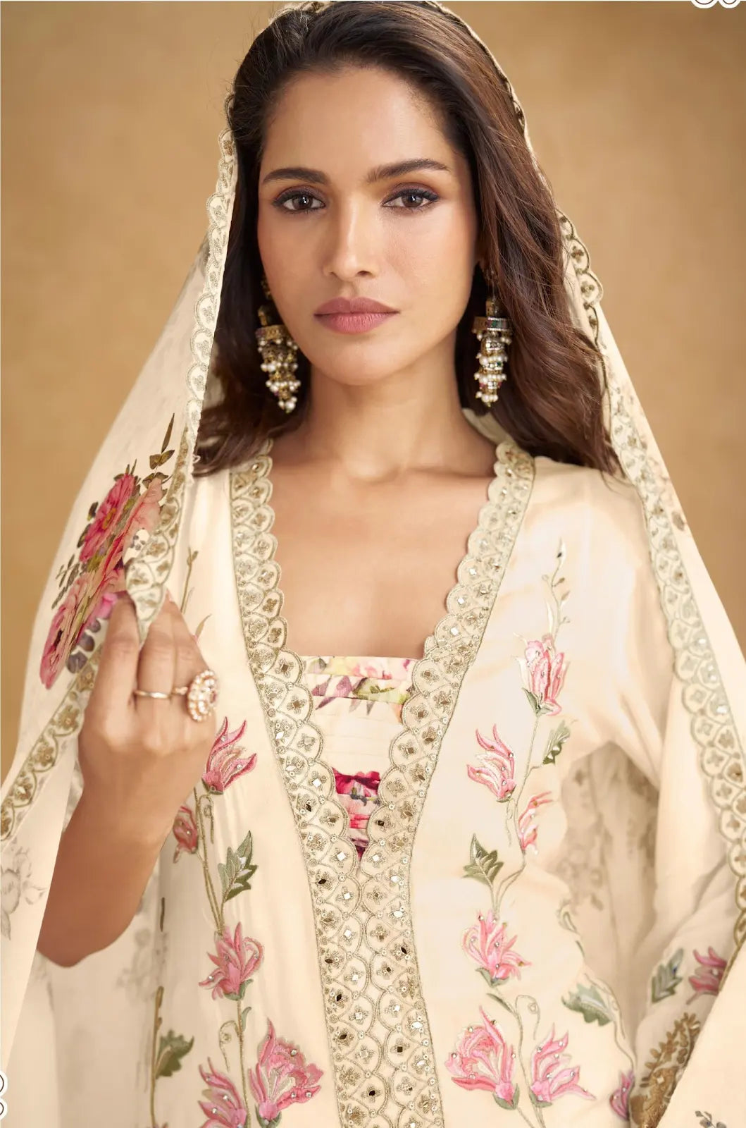 Cream Chinon Free Size Stitched Suit with Embroidered Sequence & Mirror Work