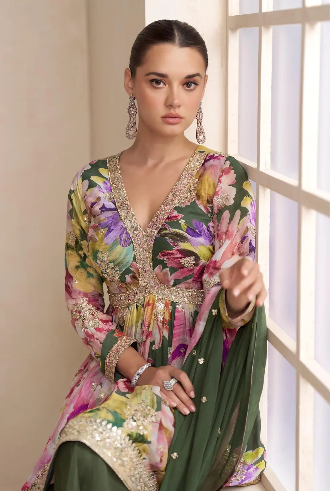 Dark Green Chinon Free Size Stitched Plazzo Suit with Embroidery Work