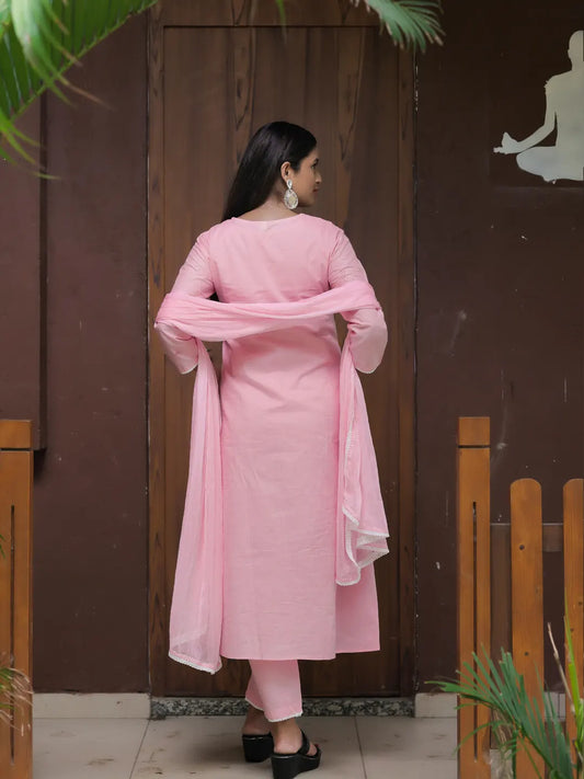 Women's Beautiful Thread Work Cotton satin Fabric Flared Kurta Pant and Dupatta Set
