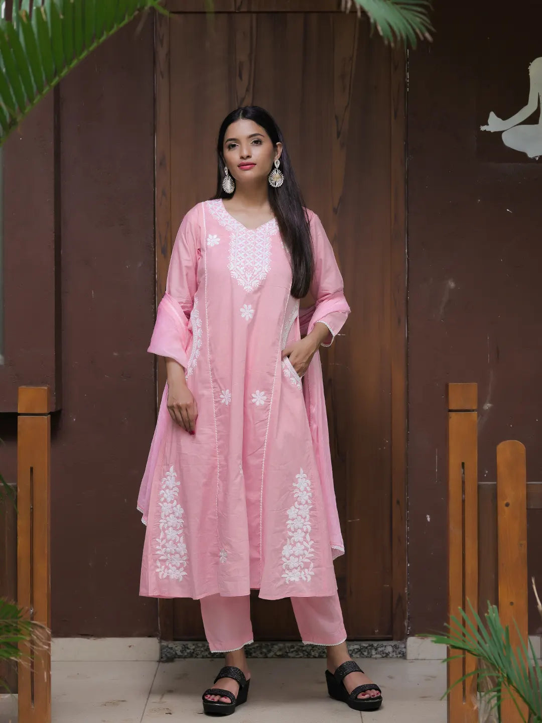 Women's Beautiful Thread Work Cotton satin Fabric Flared Kurta Pant and Dupatta Set