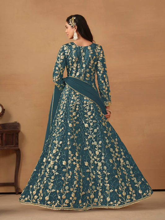 Dark Grey Embroidered Butterfly Net Semi Stitched Anarkali Suit