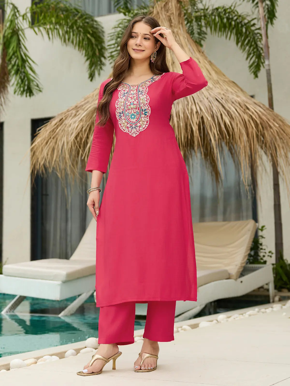 Women's Beautiful Rayon Fabric Embroidery Work Straight Kurta Pant and Dupatta Set 796