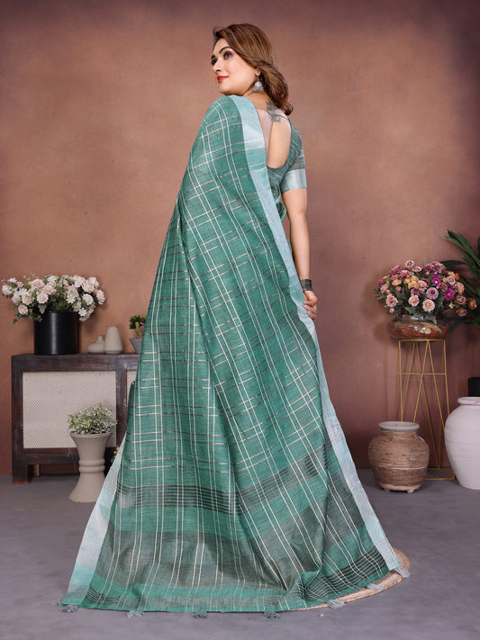 Teal Green Weaving Linen Cotton Saree With Blouse