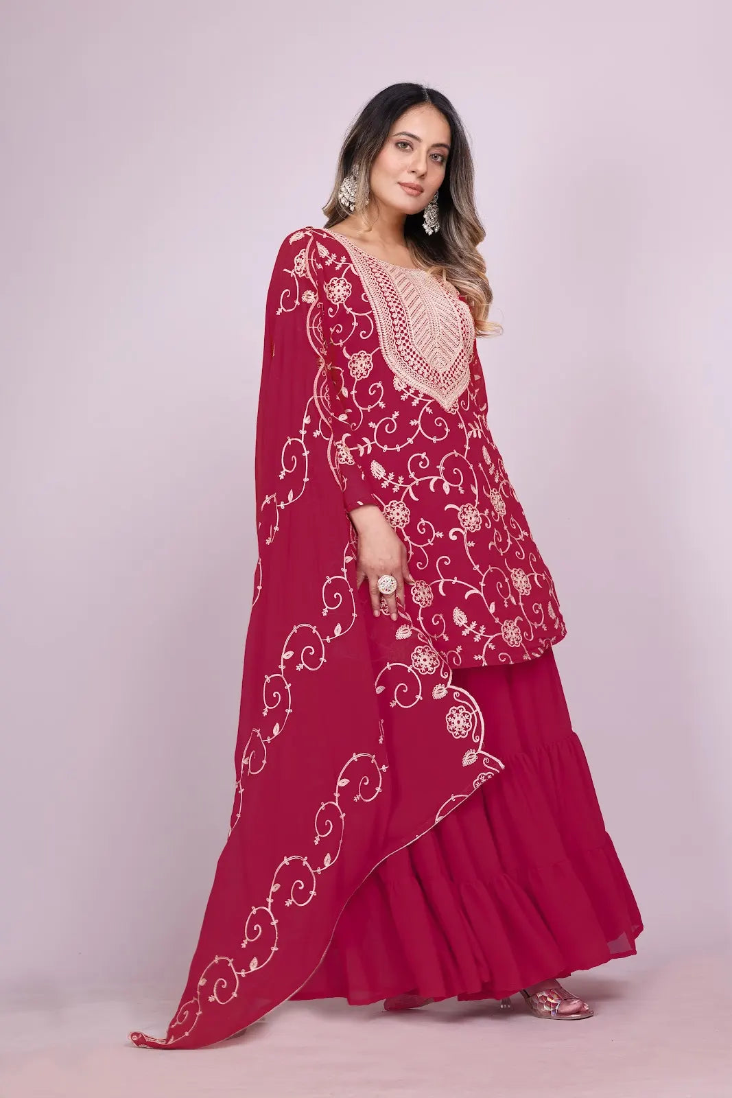 Women's Fox Georgette fabric Embroidery work Kurta with Sharara and Dupatta set 71 Rose