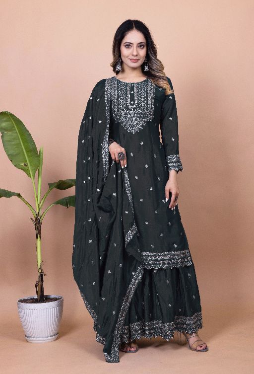 Women's Chinon fabric Embroidery work Kurta with Sharara and Dupatta set