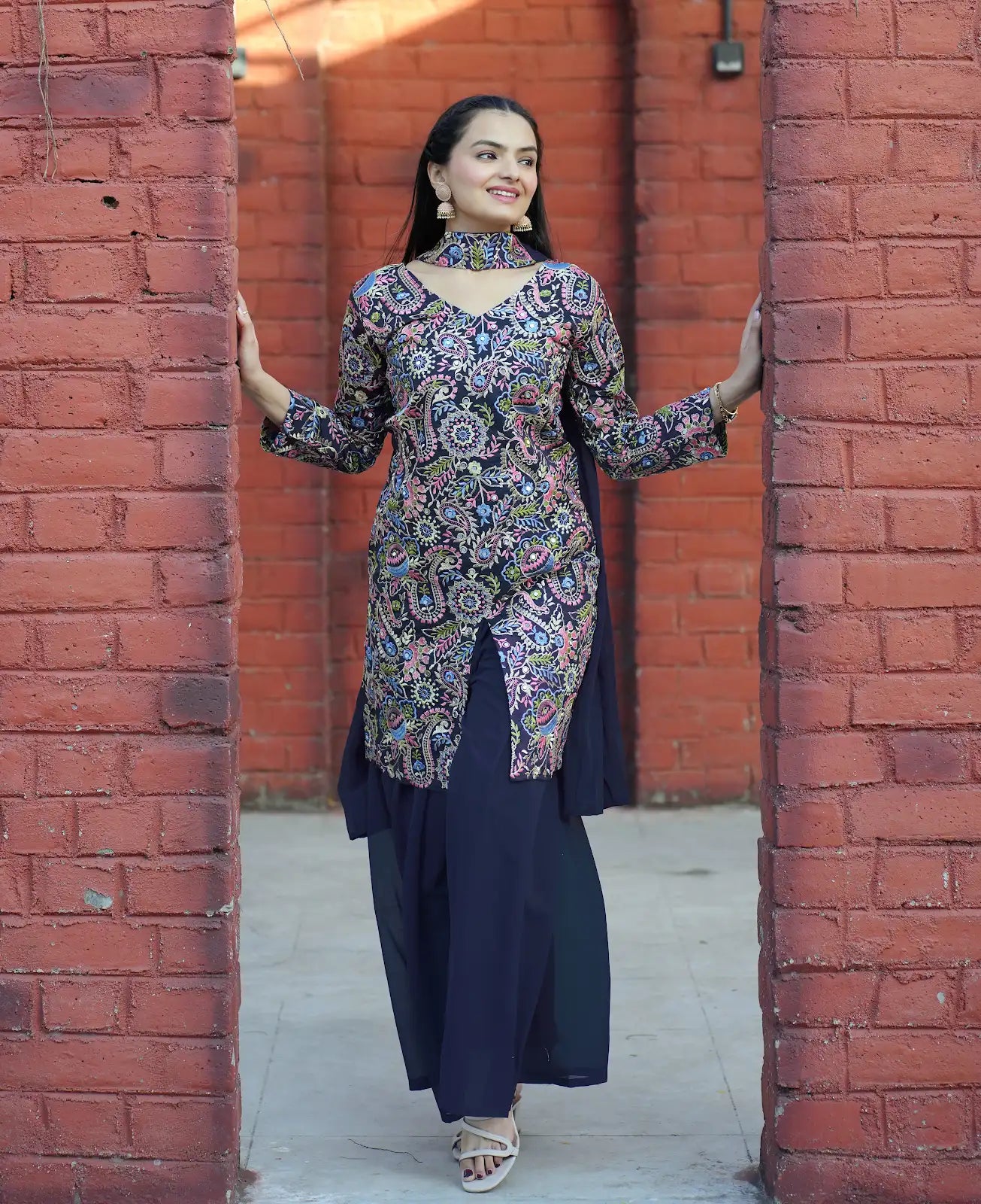 Women's Beautiful Thread Work Tapeta Silk Fabric Straight Kurta Sharara and Dupatta Set