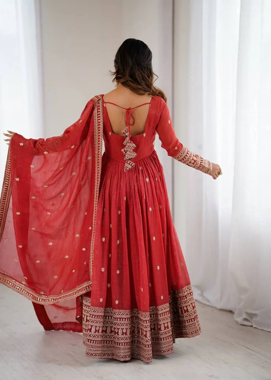 Women's Beautiful Embroidery Work Crunchy Silk Fabric Flared Anarkali and Dupatta Set