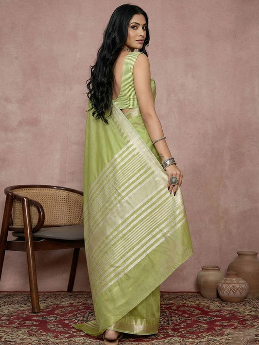 Pista Color Blended Cotton Woven Designer Ceremonial Sober Looks Saree