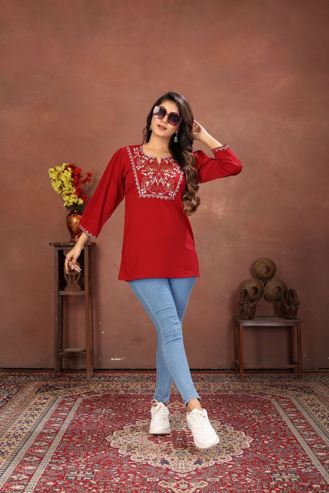 Maroon Color Rinkal Cotton Fabric Formal Looking Casual Short Kurta