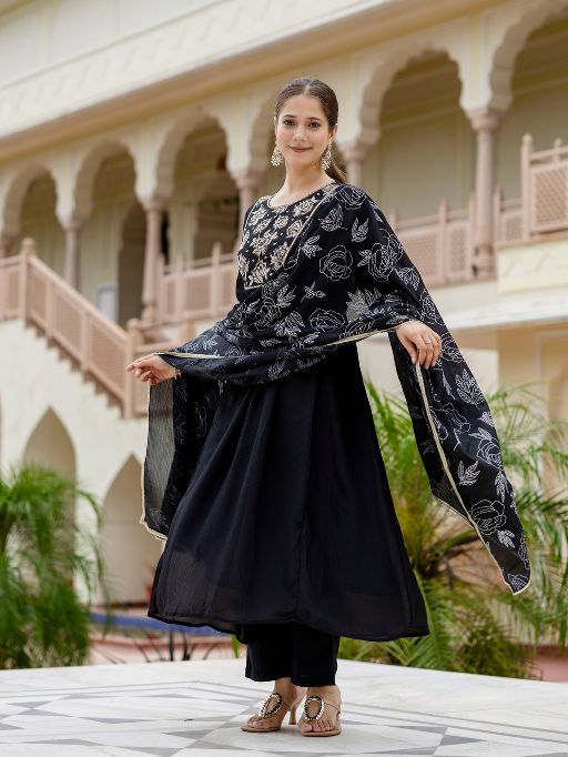 Women Beautiful Embroidery work Chinon Fabric with Flared Kurta, Pant and Dupatta Set