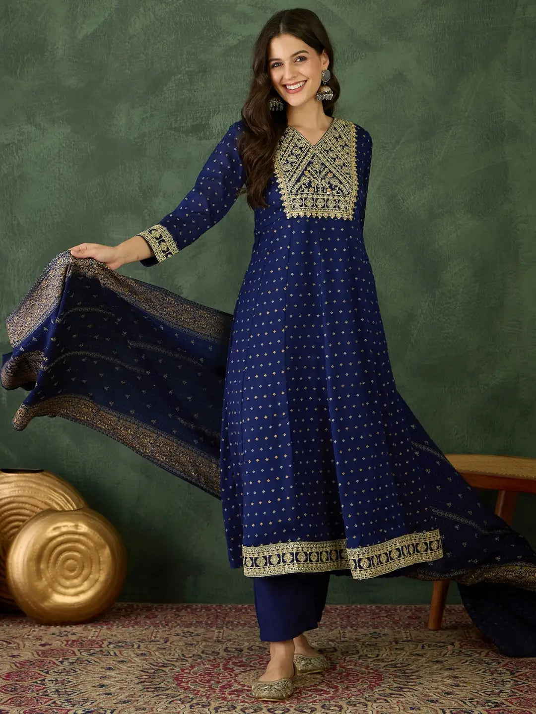 Women's Gorgeous Embroidery Work Vichitra Silk Fabric Flared Kurta Pant and Dupatta Set