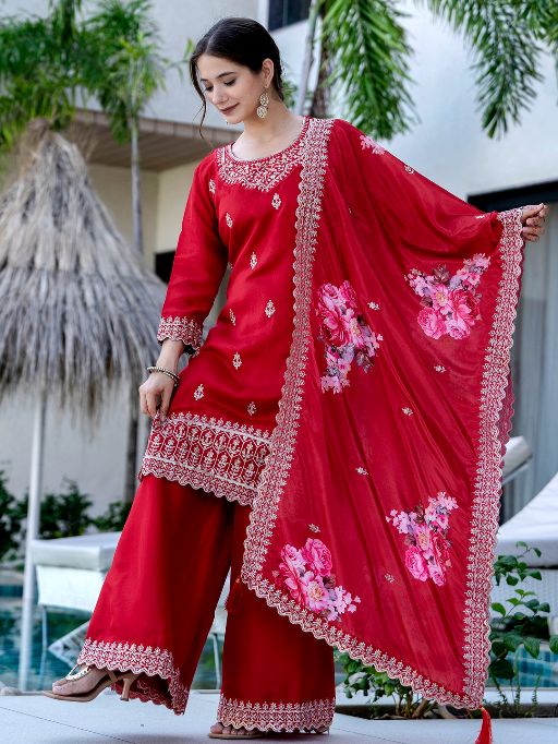 Women's Gorgeous Embroidery Vichitra Silk Fabric Straight Kurta, Sharara and Dupatta Set 807