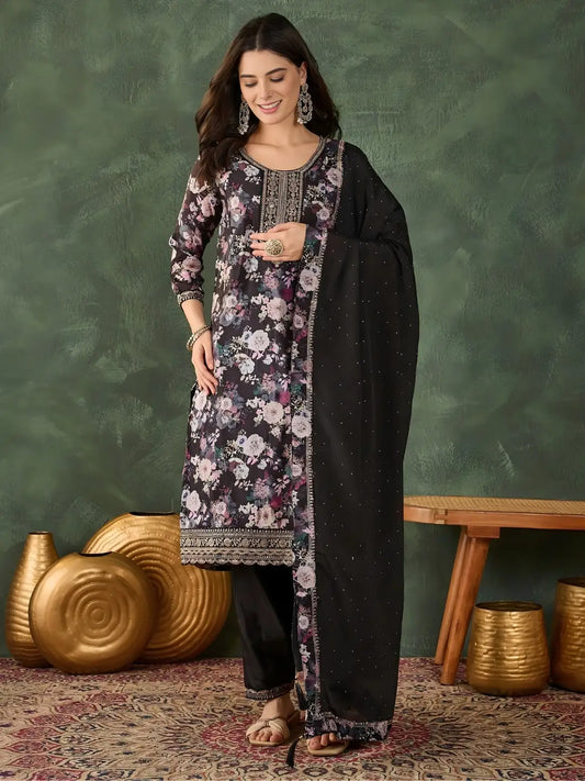 Women's Beautiful Embroidery Work Chinon silk Fabric Straight Kurta Pant and Dupatta Set