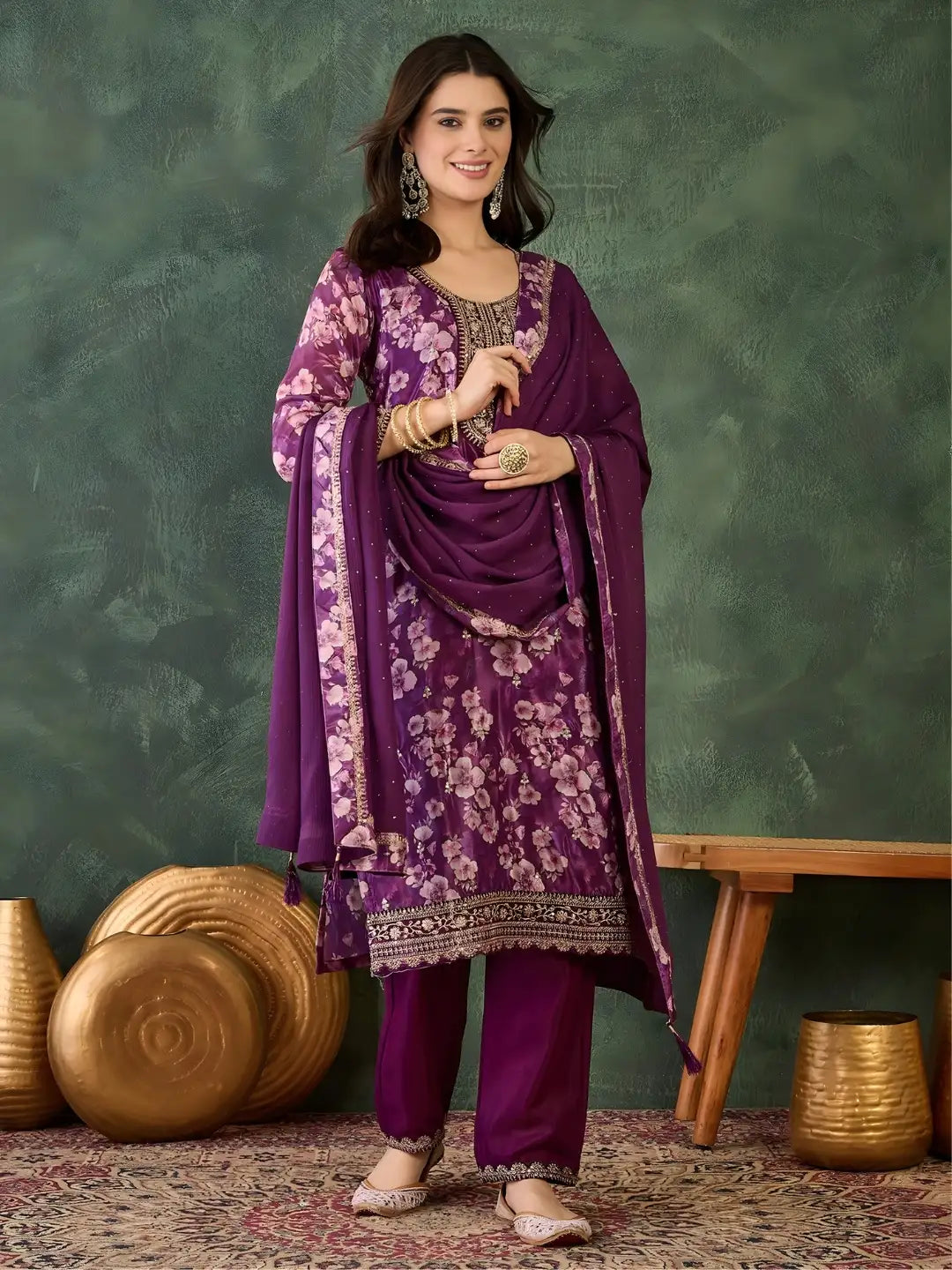 Women's Beautiful Embroidery Work Chinon silk Fabric Straight Kurta Pant and Dupatta Set
