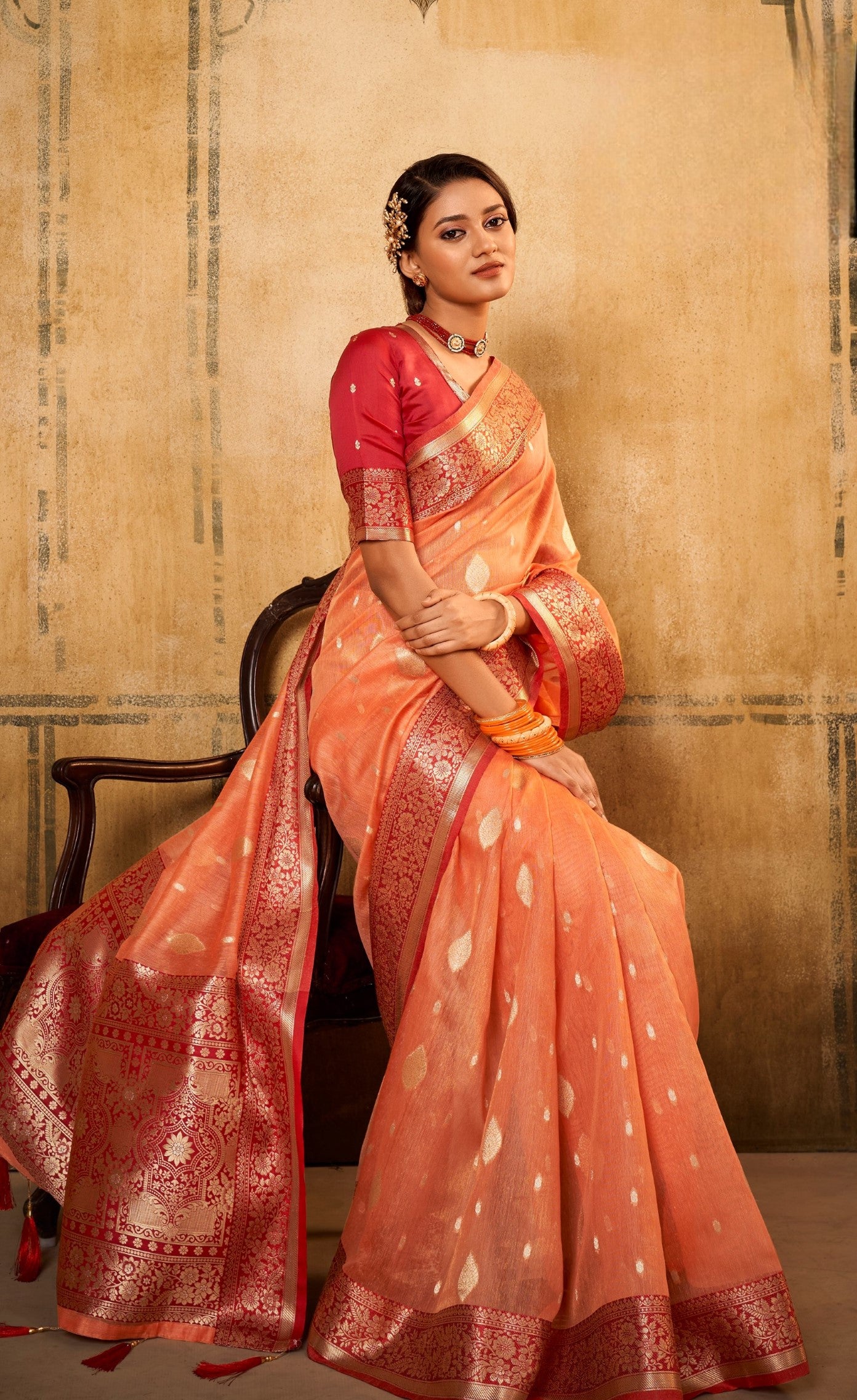 Orange Soft Tusser Silk With Kalamkari Weaving Saree With Blouse