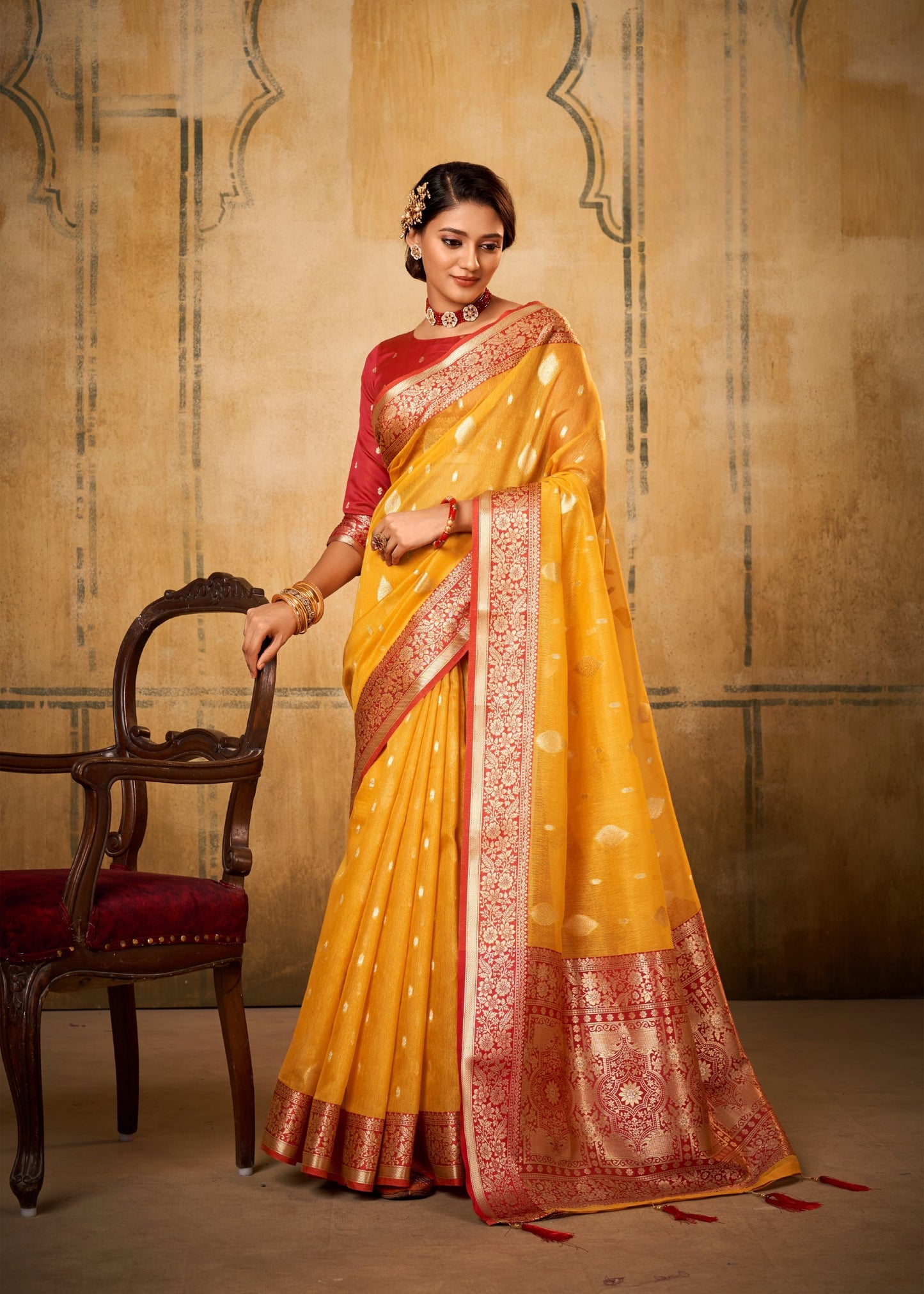 Yellow Soft Tusser Silk With Kalamkari Weaving Saree With Blouse