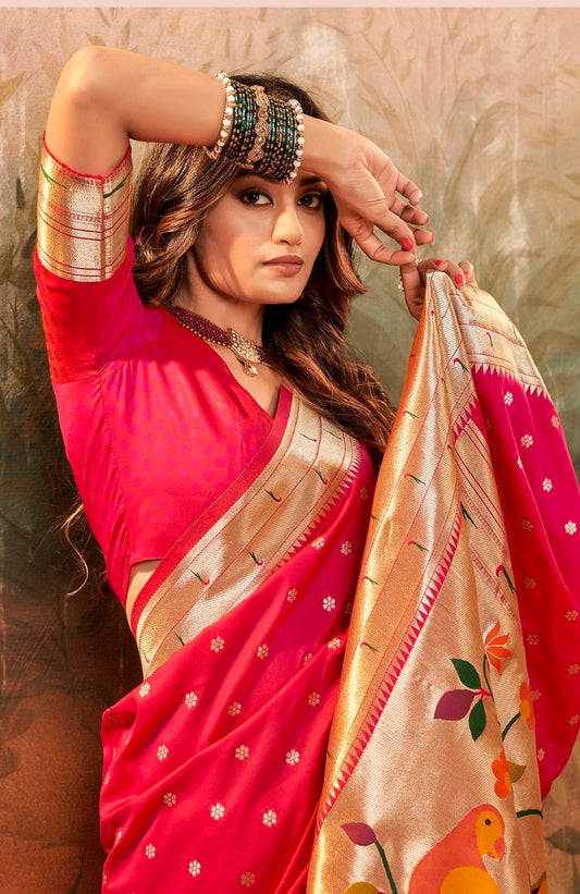 Pink Designer Zari Weaving Pure Paithani Silk Saree With Blouse