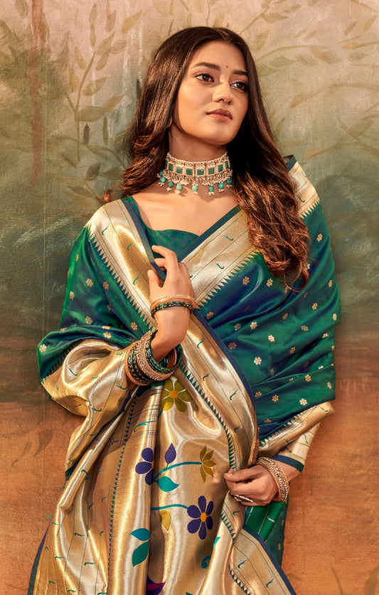 Green Designer Zari Weaving Pure Paithani Silk Saree With Blouse
